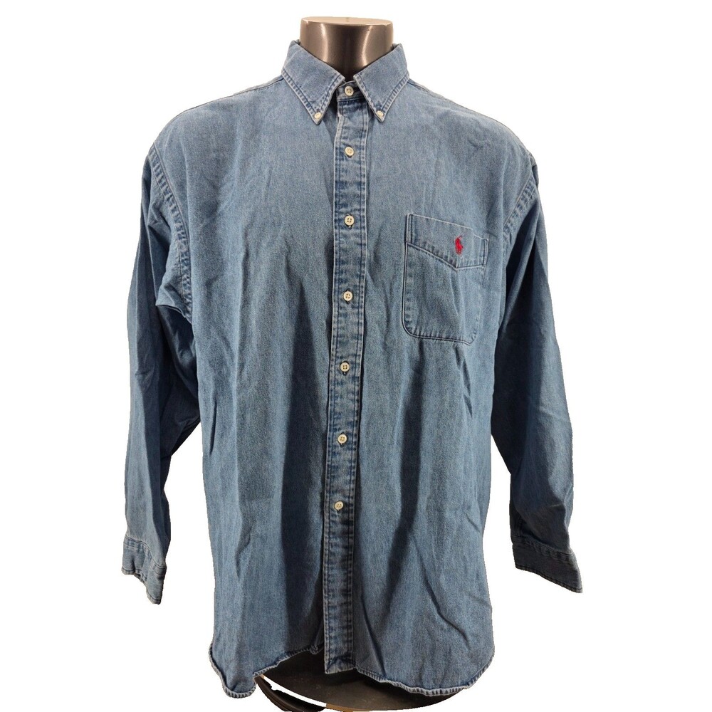 Vintage Polo Ralph Lauren Denim Shirt Big Shirt Button Up Mens XL Blue Pony